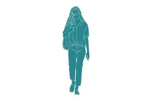 Vector illustration of casual woman walking on the sideroad, style plat avec contour