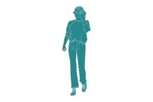 Vector illustration of casual woman walking on the sideroad, style plat avec contour