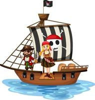 concept de pirate avec un personnage de dessin animé de fille marchant sur la planche sur le navire isolé vecteur