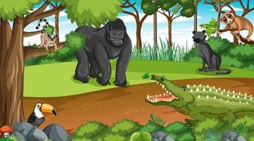 gorille avec d'autres animaux sauvages dans la forêt ou la forêt tropicale vecteur