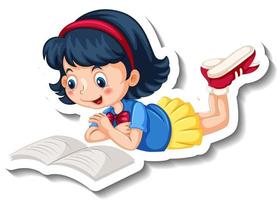 modèle d'autocollant avec une fille lisant un personnage de dessin animé de livre isolé vecteur