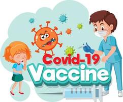 personnage de dessin animé de médecin et d'enfant patient avec police de vaccin covid-19 vecteur