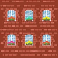 façade d'une maison en briques sous la broderie, grande fenêtre blanche avec des fleurs en pots, illustration vectorielle dans un style plat vecteur
