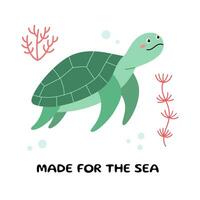 mignonne dessin animé tortue. carte postale avec mer tortue avec texte. vecteur illustration de une mer tortue. mer animal, mer créature. des gamins illustration dans dessin animé style. plat conception. sous-marin vie.