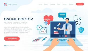 consultation médicale en ligne et concept de services de soutien. soins de santé en ligne et conseils médicaux. service de télésanté e-santé. médecin appel vidéo sur écran d'ordinateur portable. vecteur