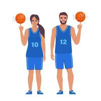 content basketball joueurs couple dans uniforme avec Balle isolé sur blanc Contexte. vecteur illustration.