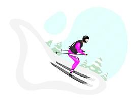 illustration vectorielle plane de ski alpin. sports d'hiver extrêmes. mode de vie actif. activités de plein air à flanc de montagne enneigée. sportif sur skis personnage de dessin animé isolé sur fond bleu vecteur