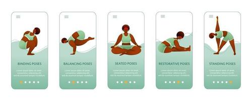 poses de yoga debout et assises à bord du modèle vectoriel d'écran d'application mobile. femelle bodypositive. Procédure pas à pas du site Web avec des caractères plats. concept d'interface de dessin animé pour smartphone ux, ui, gui