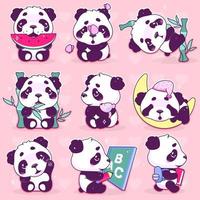 Jeu de caractères de vecteur de dessin animé mignon panda kawaii. animal adorable, heureux et drôle mangeant de la pastèque, autocollant isolé en bambou, pack de patchs. anime bébé panda ours endormi emoji sur fond rose