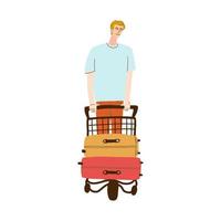 ensemble coloré avec des illustrations un homme marche avec des bagages sur un chariot isolé sur fond blanc vecteur