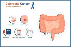 médical vecteur illustration concept. symptômes de intestin cancer, abdominal douleur ,sanglant tabouret, gonflé ventre, poids perte, fatigue. plat style, isolé sur blanc Contexte