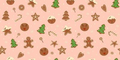 Noël biscuits sans couture modèle sur rose Contexte. vecteur Noël dessert répéter imprimer, main tiré savoureux pain d'épice illustration. sucré conception pour fond d'écran, textile, toile de fond, emballage papier.