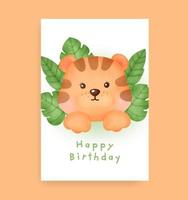 carte d'anniversaire avec un tigre mignon dans un style aquarelle vecteur