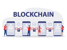 les gens utilisent un smartphone avec crypto-monnaie et blockchain, intelligence artificielle, IA, apprentissage en profondeur blockchain concept de réseau neuronal illustrateur vectoriel