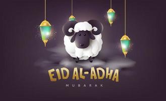 eid al adha mubarak la célébration de la calligraphie du festival de la communauté musulmane avec des moutons blancs et des nuages vecteur