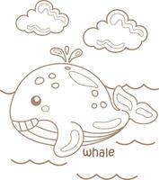 alphabet w pour baleine vocabulaire école leçon dessin animé coloration pages pour des gamins et adulte vecteur