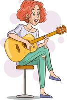 Jeune magnifique femme est en jouant une guitare. musical performance. adolescent style portrait. vecteur illustration dans dessin animé style.