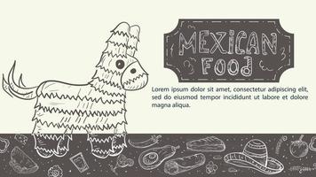 illustration un croquis dessiné à la main pour une conception sur le thème de la cuisine mexicaine un cheval pinata se dresse parmi des tacos et des burritos de tortillas au chili chaud vecteur