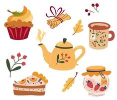 thé confortable. service à thé théières, tarte à la citrouille, muffin, tasse de thé chaud, confiture et cannelle. service à thé, fleurs du jardin et collations. illustration vectorielle à plat. vecteur