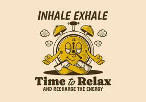 temps à se détendre et recharger énergie, alarme l'horloge mascotte personnage dans méditation pose vecteur