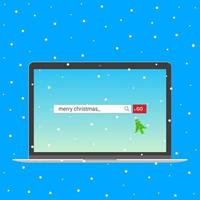 ordinateur portable avec barre de recherche avec texte joyeux noël et bouton aller avec le pointeur du curseur flèche de l'arbre de noël. la conception de style plat invite à l'illustration vectorielle de carte postale de fête de Noël. vecteur