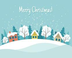 hiver paysage avec mignonne Maisons, des arbres et sapin des arbres, joyeux Noël salutation carte modèle. illustration dans plat style. vecteur