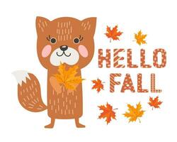 renard mignon dans un style doodle avec des feuilles d'automne et texte bonjour automne. impression, illustration pour enfants, vecteur