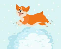 corgi de chien joyeux mignon saute dans la neige. illustration d'hiver, impression pour enfants, vecteur