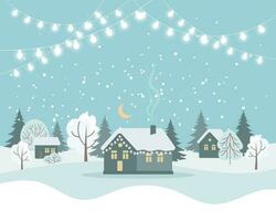 hiver paysage avec mignonne Maisons, des arbres et vacances lumières, joyeux Noël salutation carte modèle. illustration dans plat style. vecteur