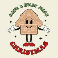 rétro sensationnel hippie Noël pain d'épice maison personnage avec calligraphie. Noël vacances carte dans branché dessin animé style. vecteur