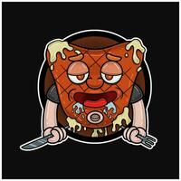 mascotte dessin animé de steak avec faim affronter, en portant couteau et fourchette. cercle logo et gratuit modifiable. vecteur