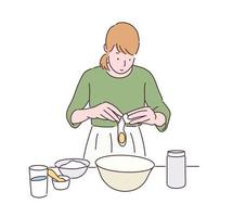 une femme pond des œufs dans un bol. illustrations de conception de vecteur de style dessinés à la main.