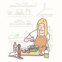 une femme prépare une salade. illustrations de conception de vecteur de style dessinés à la main.