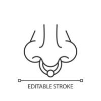 icône linéaire de perçage de nez. procédure professionnelle pour injecter des bijoux dans les narines. illustration personnalisable de fine ligne. symbole de contour. dessin de contour isolé de vecteur. trait modifiable vecteur