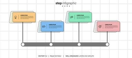 infographie modèle 4 étape affaires Planification à Succès multi coloré rectangles avec icône. modèle Contexte conception pour commercialisation, finance, produit. vecteur
