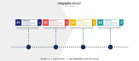 élément de conception infographique de la chronologie et options de nombre. concept d'entreprise en 4 étapes. peut être utilisé pour la mise en page du flux de travail, le diagramme, le rapport annuel, la conception Web. modèle d'entreprise de vecteur pour la présentation.