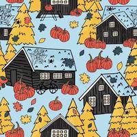 maisons en bois noires canadiennes et scandinaves avec de l'herbe sur le toit et des arbres de noël motif de répétition sans couture manuscrite avec citrouilles, toile et araignées à l'halloween vecteur