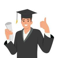content Jeune diplômé homme dans l'obtention du diplôme robe et chapeau en portant diplôme et certificat montrant pouce en haut. vecteur