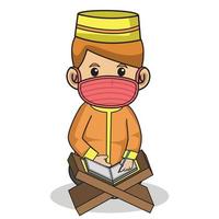un garçon musulman utilise une robe orange musulmane traditionnelle. lire le livre de houx al-quran au mois de ramadan, à l'aide d'un masque et d'un protocole sain. illustration de caractère. vecteur