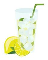 limonade avec mensonge citron et chaux, plat style vecteur illustration. dessin animé boisson dessin avec paille, glace, menthe dans verre. rafraîchissant du froid fruit boire. graphique pour affiche, bannière, prospectus.