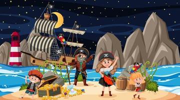 scène d & # 39; île au trésor la nuit avec des enfants pirates vecteur