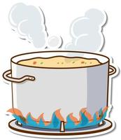 faire bouillir la soupe dans une casserole sur l'autocollant de cuisinière vecteur