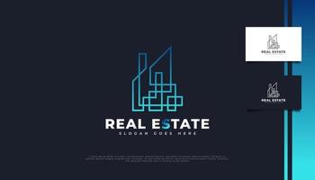 création de logo immobilier bleu abstrait avec style de ligne. modèle de conception de logo de construction, d'architecture ou de bâtiment vecteur