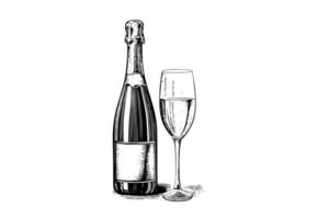 bouteille avec Champagne et du vin verre gravure style art, main tiré esquisser vecteur illustration
