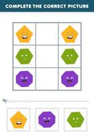 éducation Jeu pour les enfants Achevée le correct image de une mignonne dessin animé Pentagone octogone et hexagone imprimable forme feuille de travail vecteur