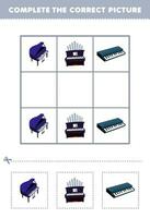 éducation Jeu pour les enfants Achevée le correct image de une mignonne dessin animé piano organe et clavier imprimable la musique instrument feuille de travail vecteur