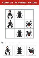 éducation Jeu pour les enfants Achevée le correct image de une mignonne dessin animé Scorpion scarabée et araignée imprimable punaise feuille de travail vecteur