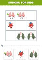 éducation Jeu pour les enfants facile sudoku pour des gamins avec mignonne dessin animé thyroïde cœur et poumons imprimable anatomie et organe feuille de travail vecteur
