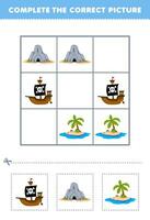 éducation Jeu pour les enfants Achevée le correct image de une mignonne dessin animé navire la grotte et île imprimable pirate feuille de travail vecteur