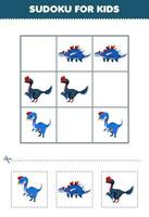 éducation Jeu pour les enfants facile sudoku pour des gamins avec mignonne dessin animé bleu dinosaure imprimable préhistorique dinosaure feuille de travail vecteur